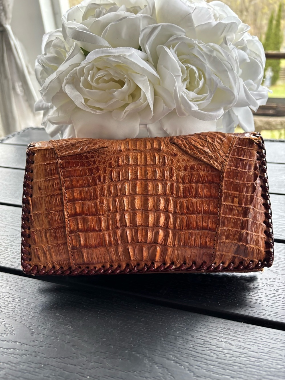 Genuine Alligator Crocodile Leather Clutch in Cognac Brown